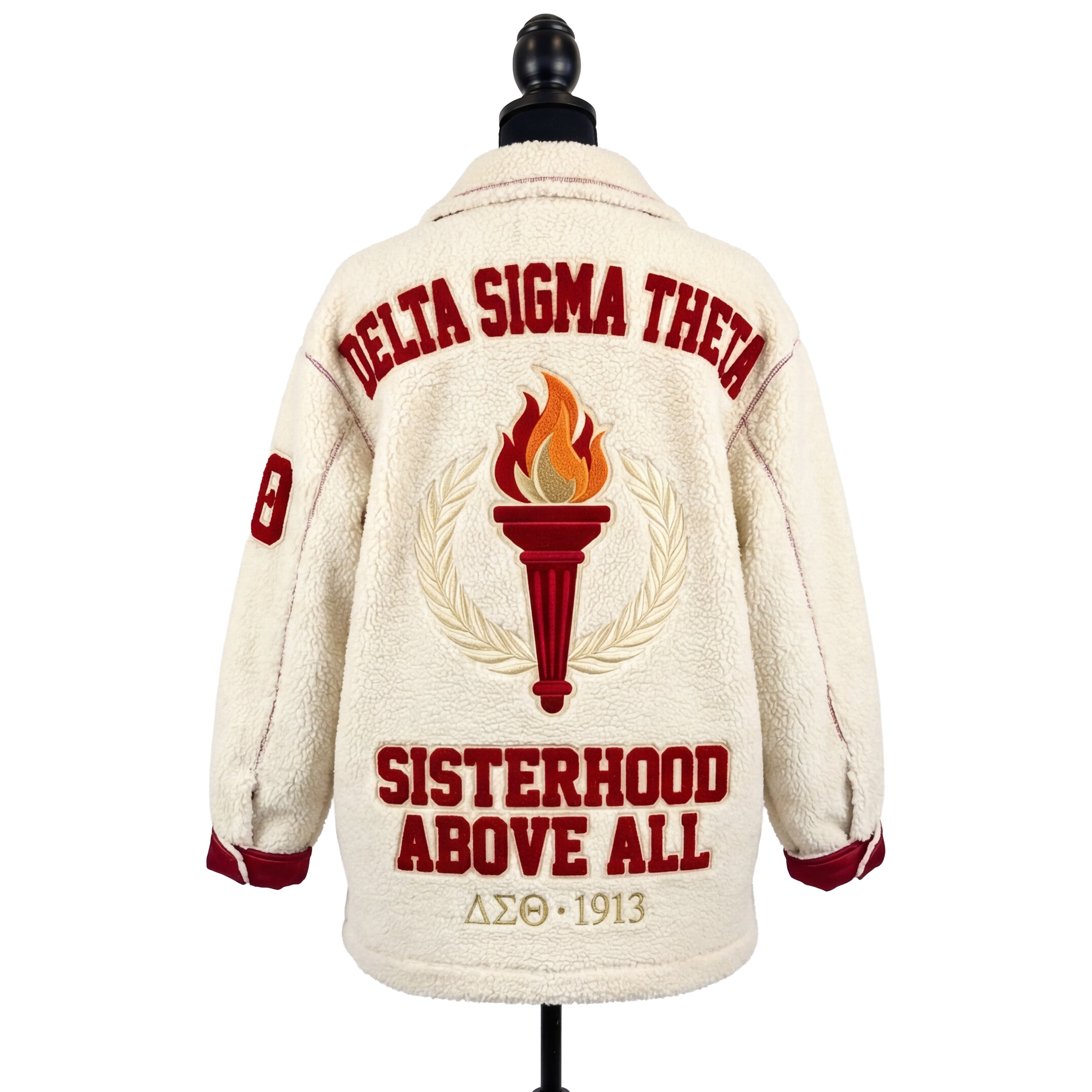 White jacket with red text and logo on a mannequin against a white background