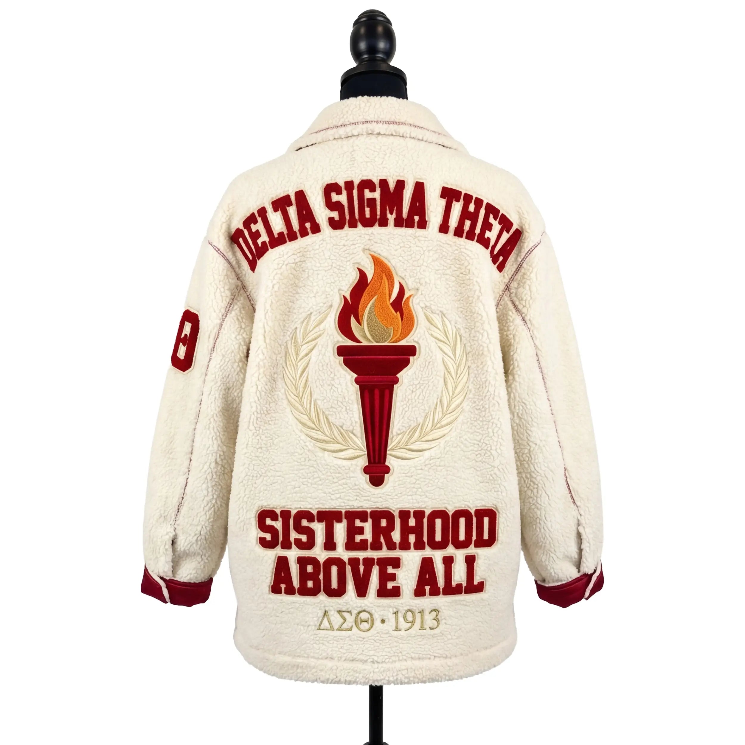 White jacket with red text and logo on a mannequin against a white background