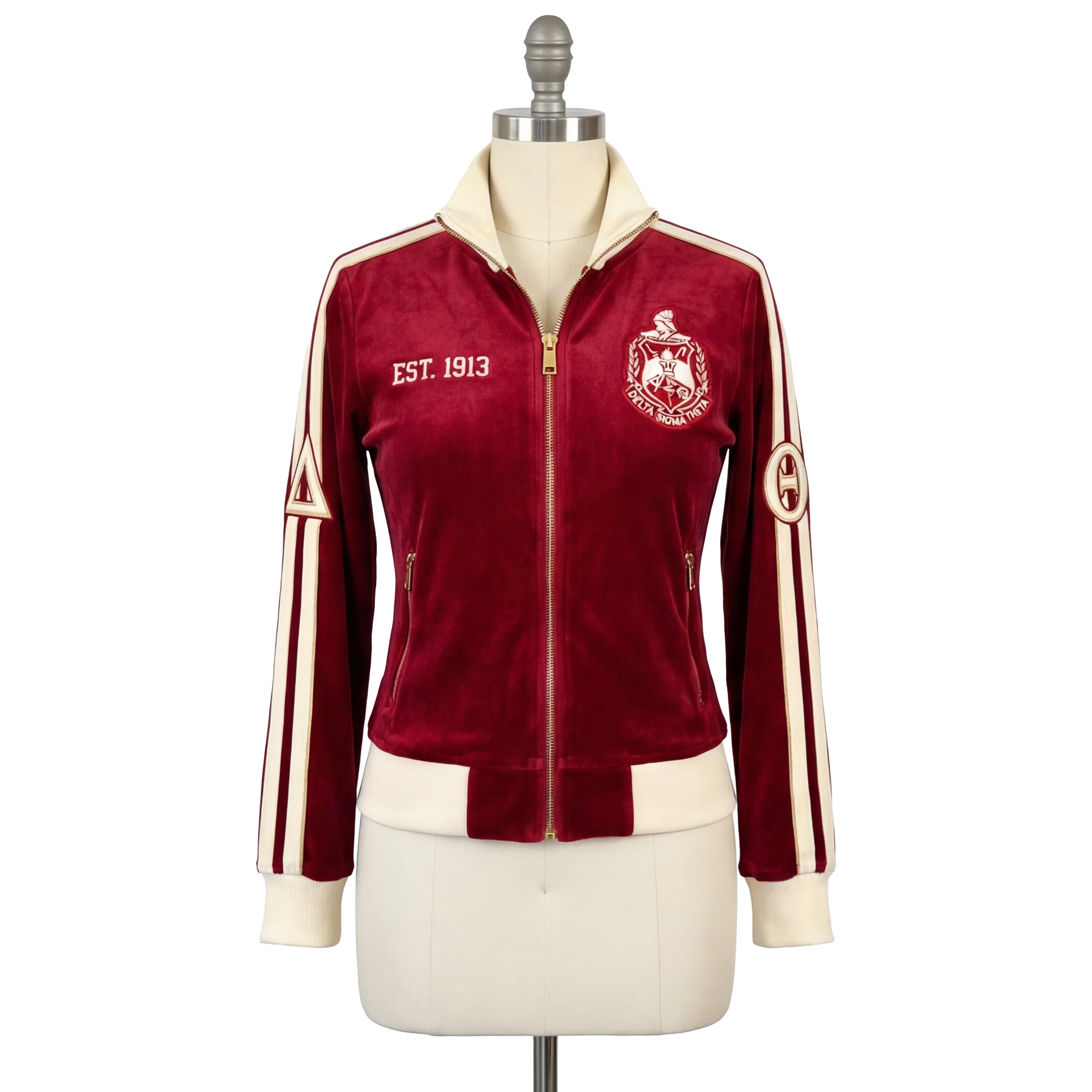 Red track jacket with white accents on a mannequin against a white background