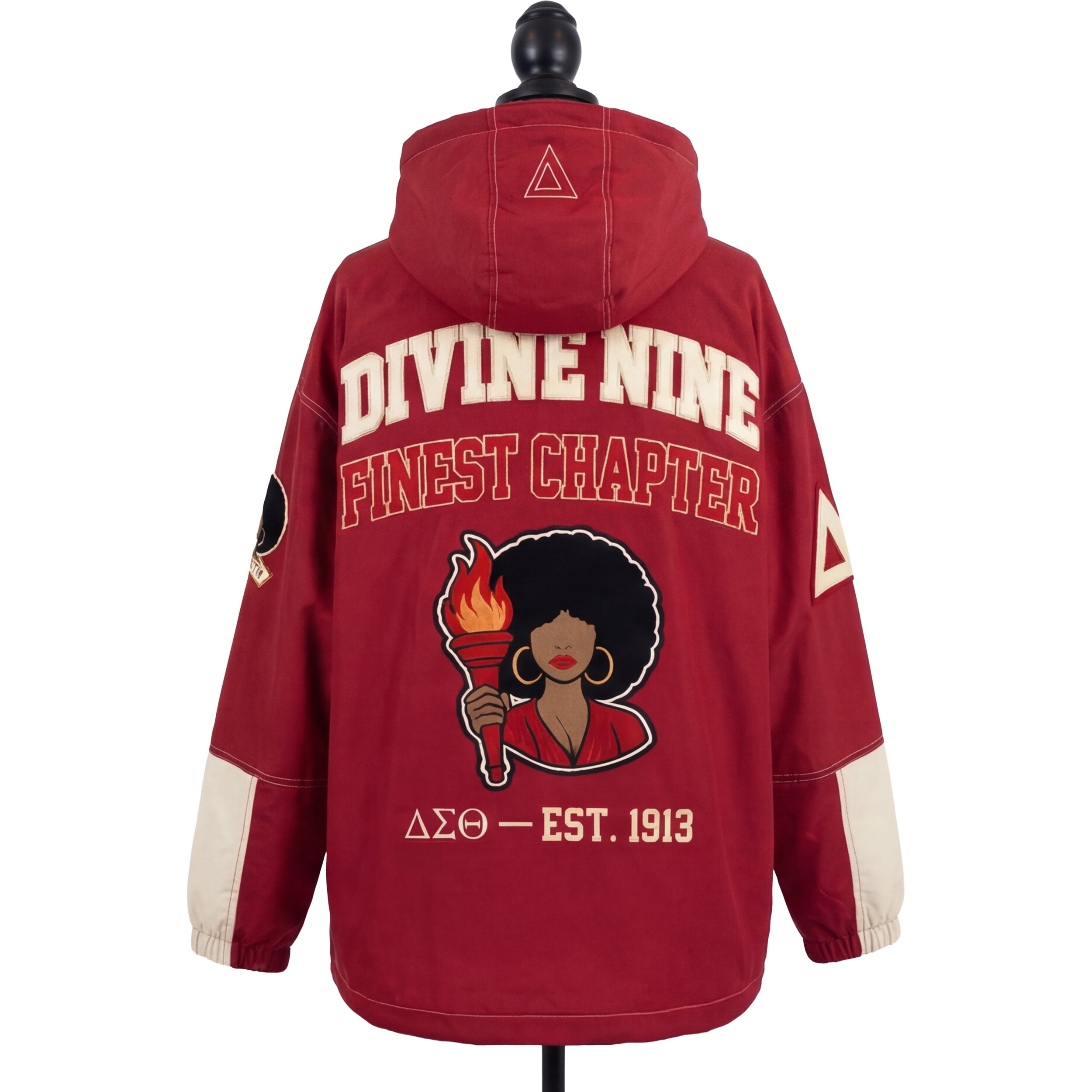 Red jacket with 'Divine Nine Finest Chapter' text and logo on a mannequin against a white background