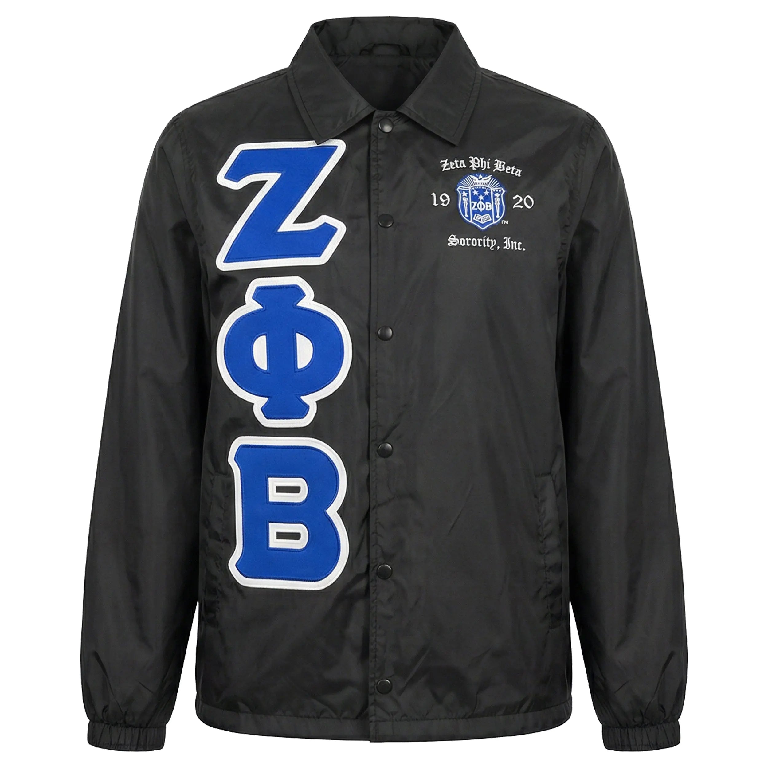 Black jacket with Zeta Phi Beta letters on a white background