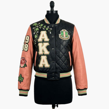AKA Sorority Quilted Bomber Black Pink Green 1908 Leather jacket
