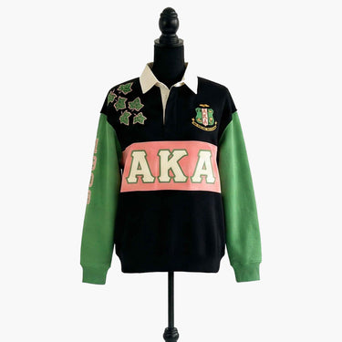 AKA Sorority Rugby Polo Shirt Black Green Ivy Stripe Collar 1908