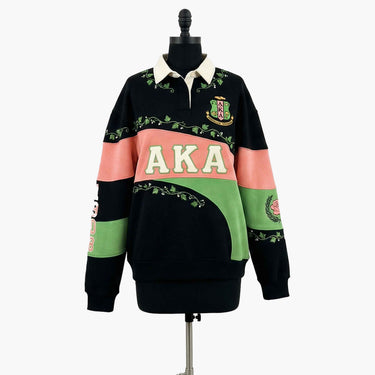 AKA Sorority Rugby Sweatshirt Black Pink Green Wave Ivy Stripe Polo Collar 1908