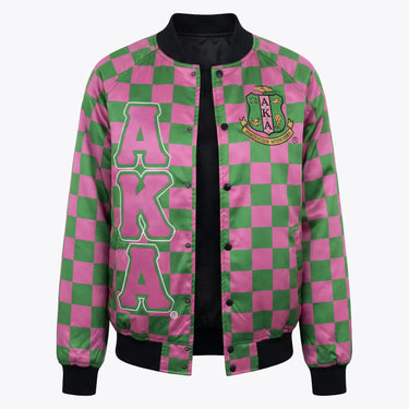 Alpha Kappa Alpha Checkered Bomber Jacket – Printed AKA Letters & 1908 Back Design