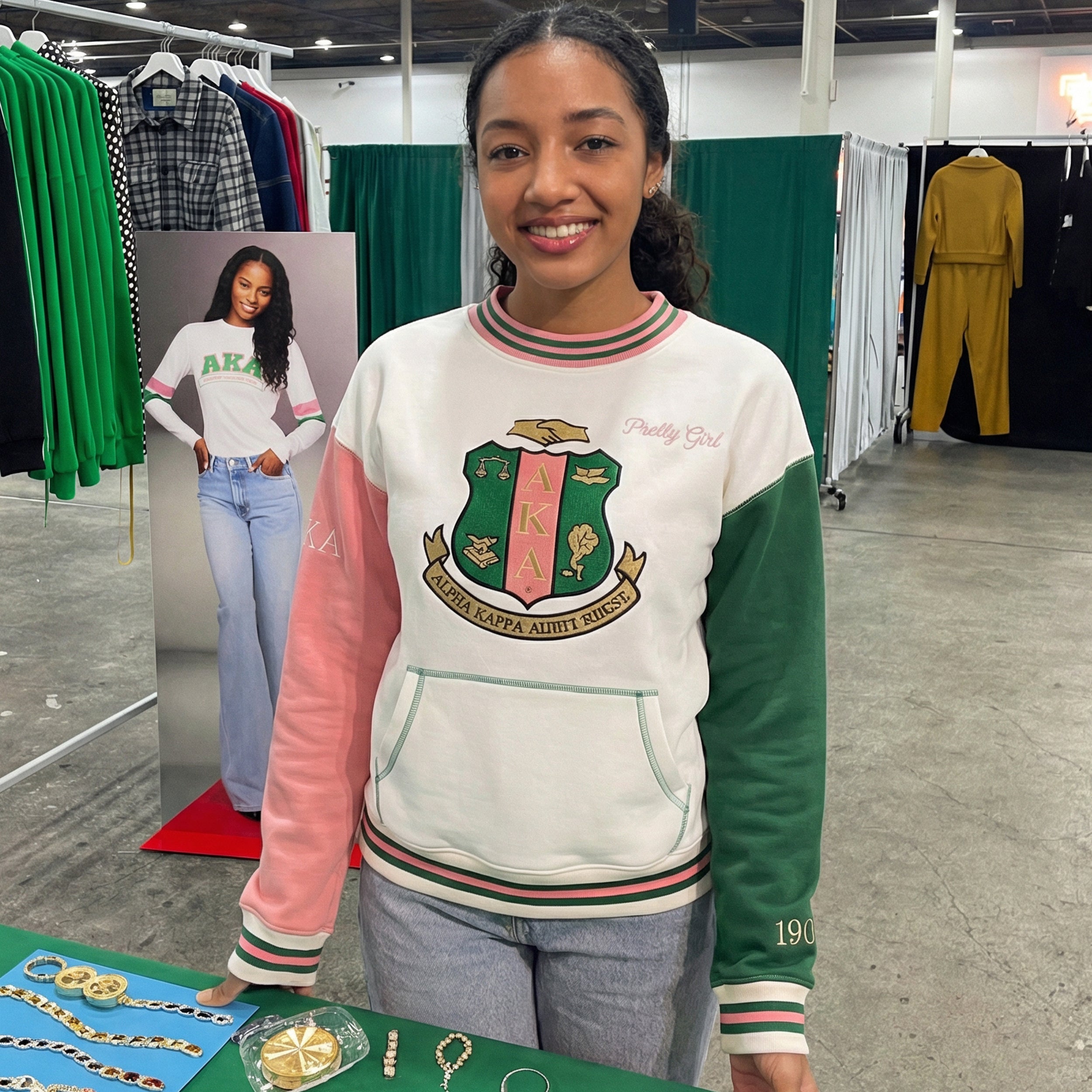 Person wearing a sweatshirt with a crest design in a store setting