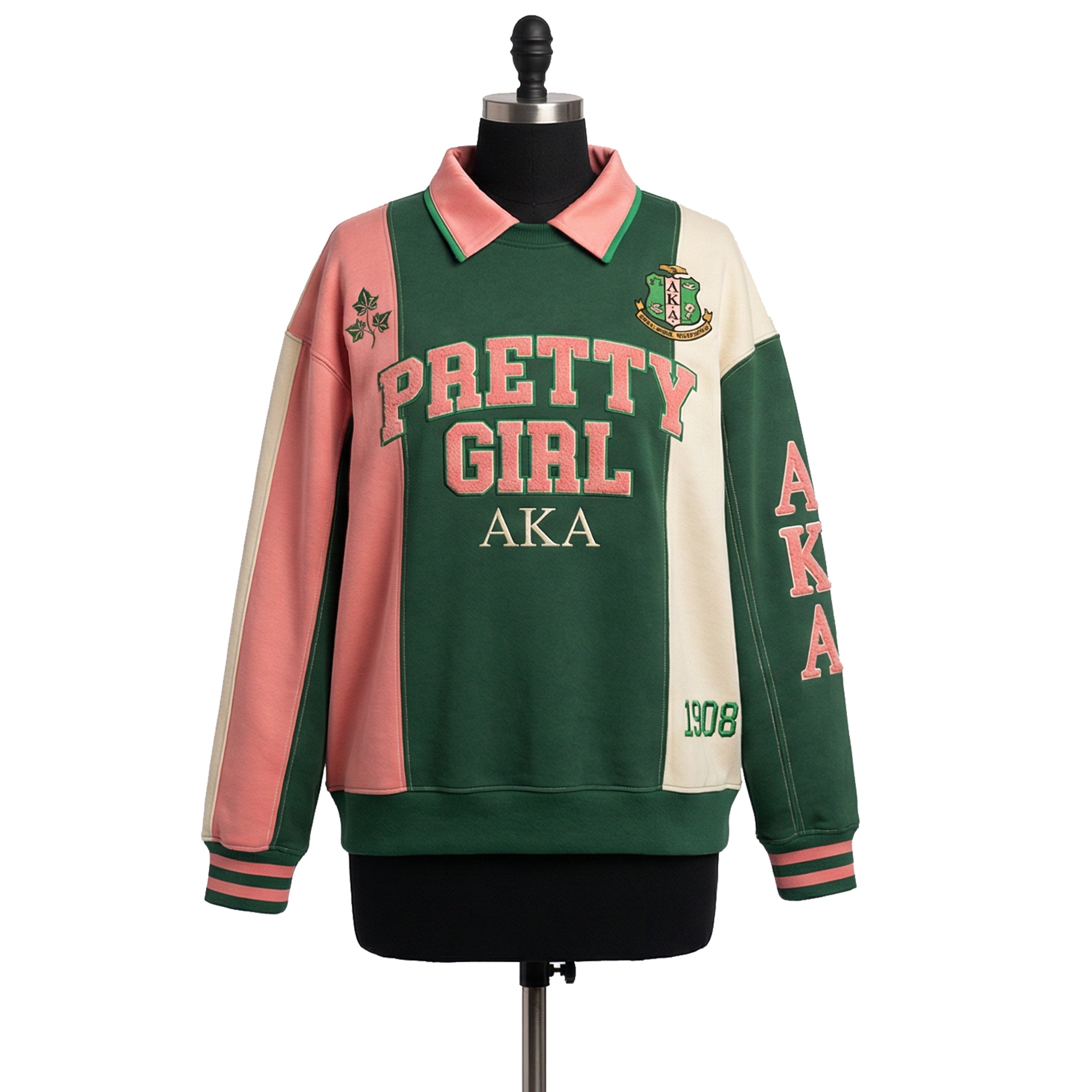 Colorful sweatshirt with 'Pretty Girl AKA' text on a mannequin against a white background