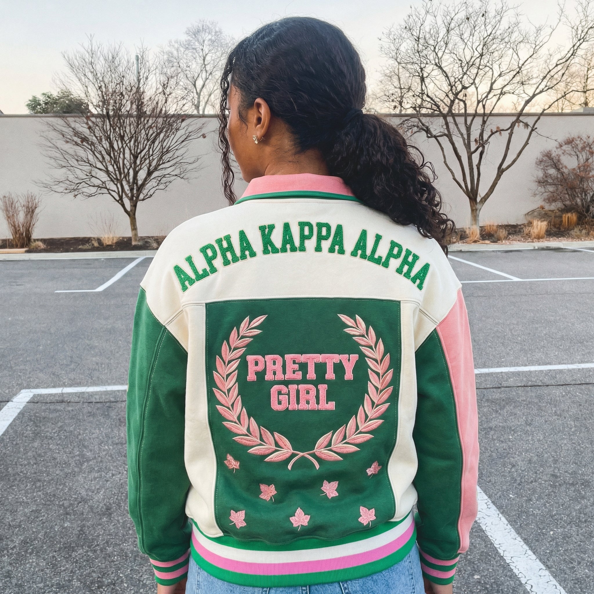 Person wearing a green and pink Alpha Kappa Alpha jacket with 'Pretty Girl' text in a parking lot.