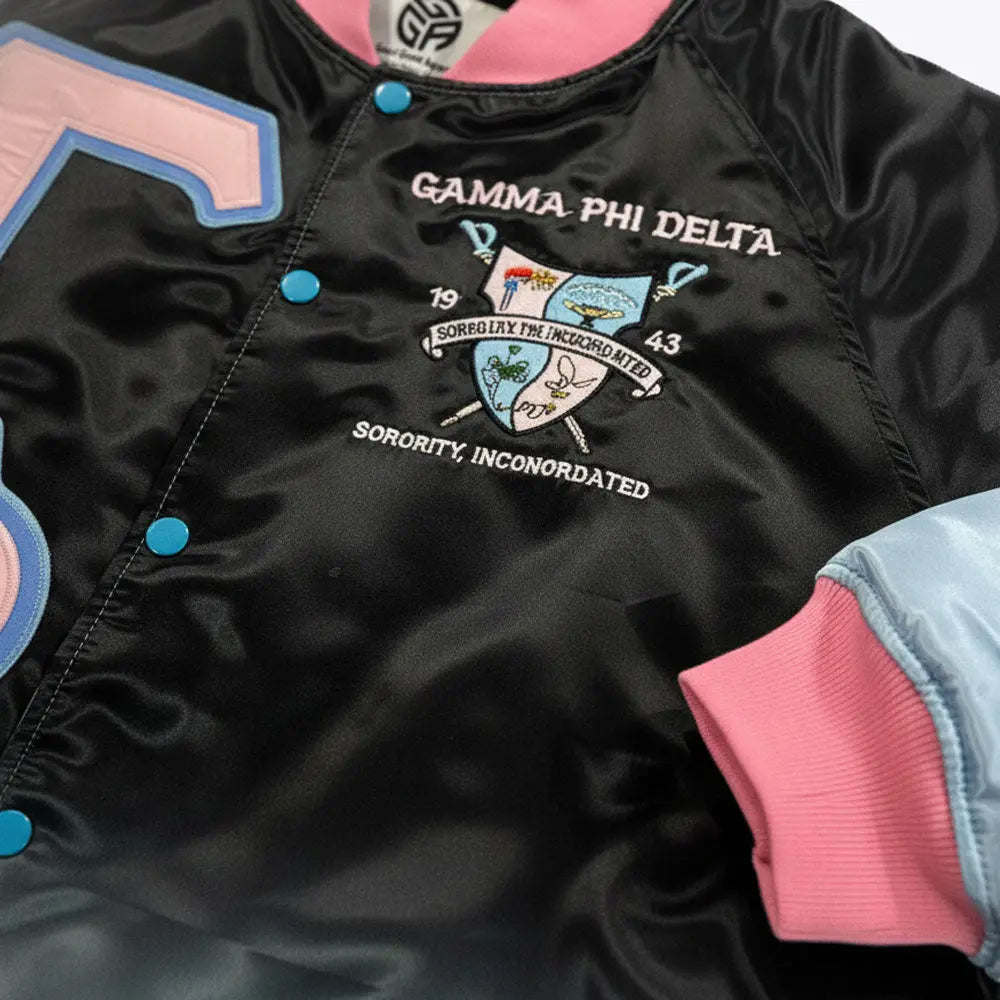 BLACK AND SKY GAMMA PHI DELTA RAINBOW BOMBER JACKET FOR WOMEN.