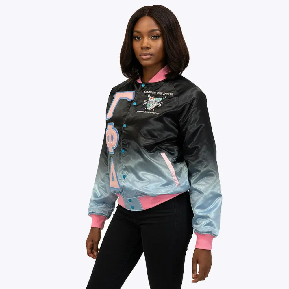 BLACK AND SKY GAMMA PHI DELTA RAINBOW BOMBER JACKET FOR WOMEN.