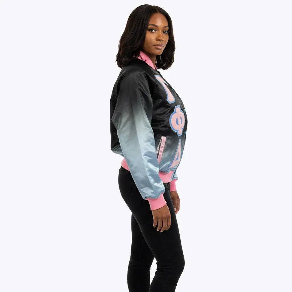 BLACK AND SKY GAMMA PHI DELTA RAINBOW BOMBER JACKET FOR WOMEN.