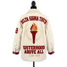 White jacket with red text and logo on a mannequin against a white background