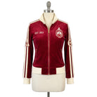 Red track jacket with white accents on a mannequin against a white background