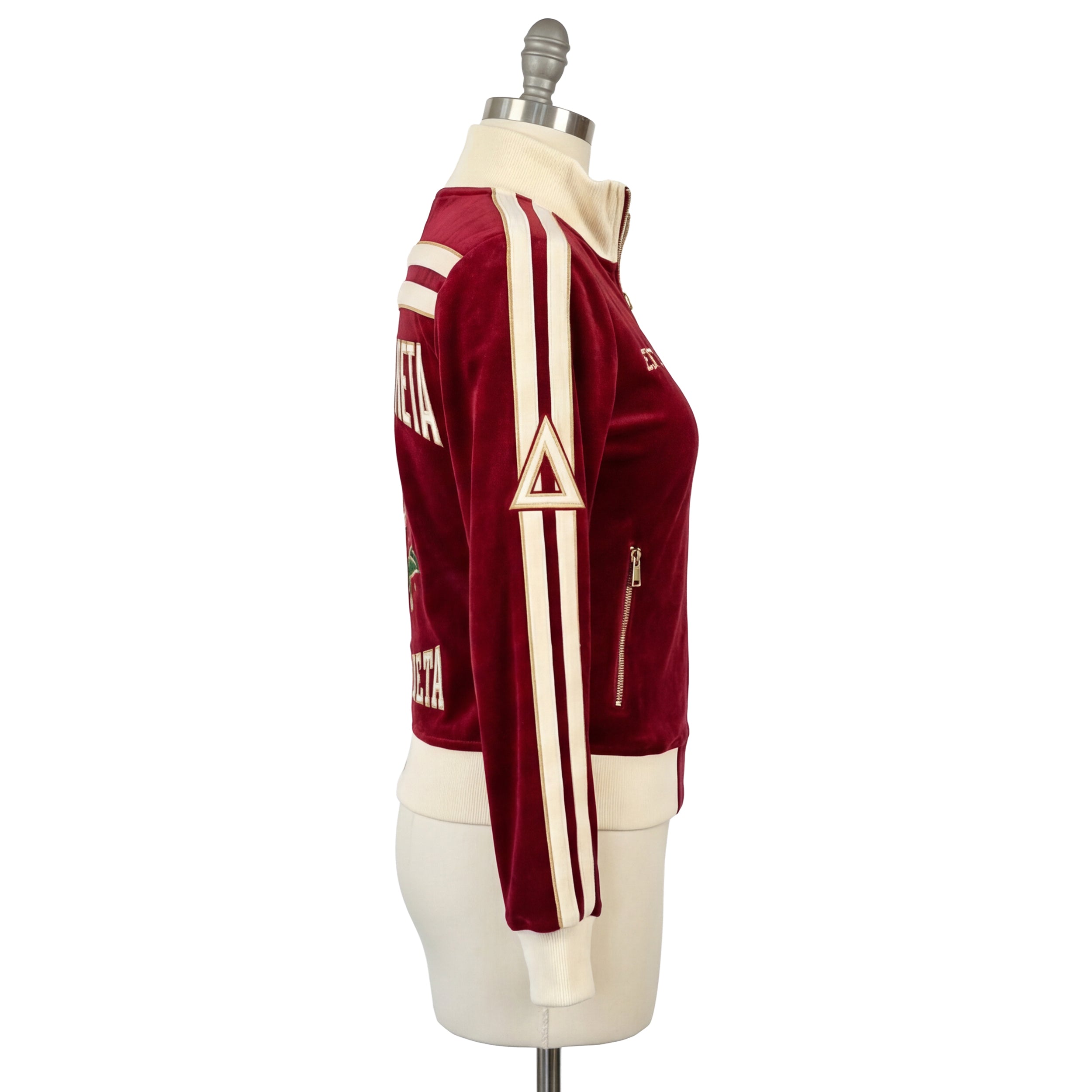 Red and white jacket on a mannequin with a white background