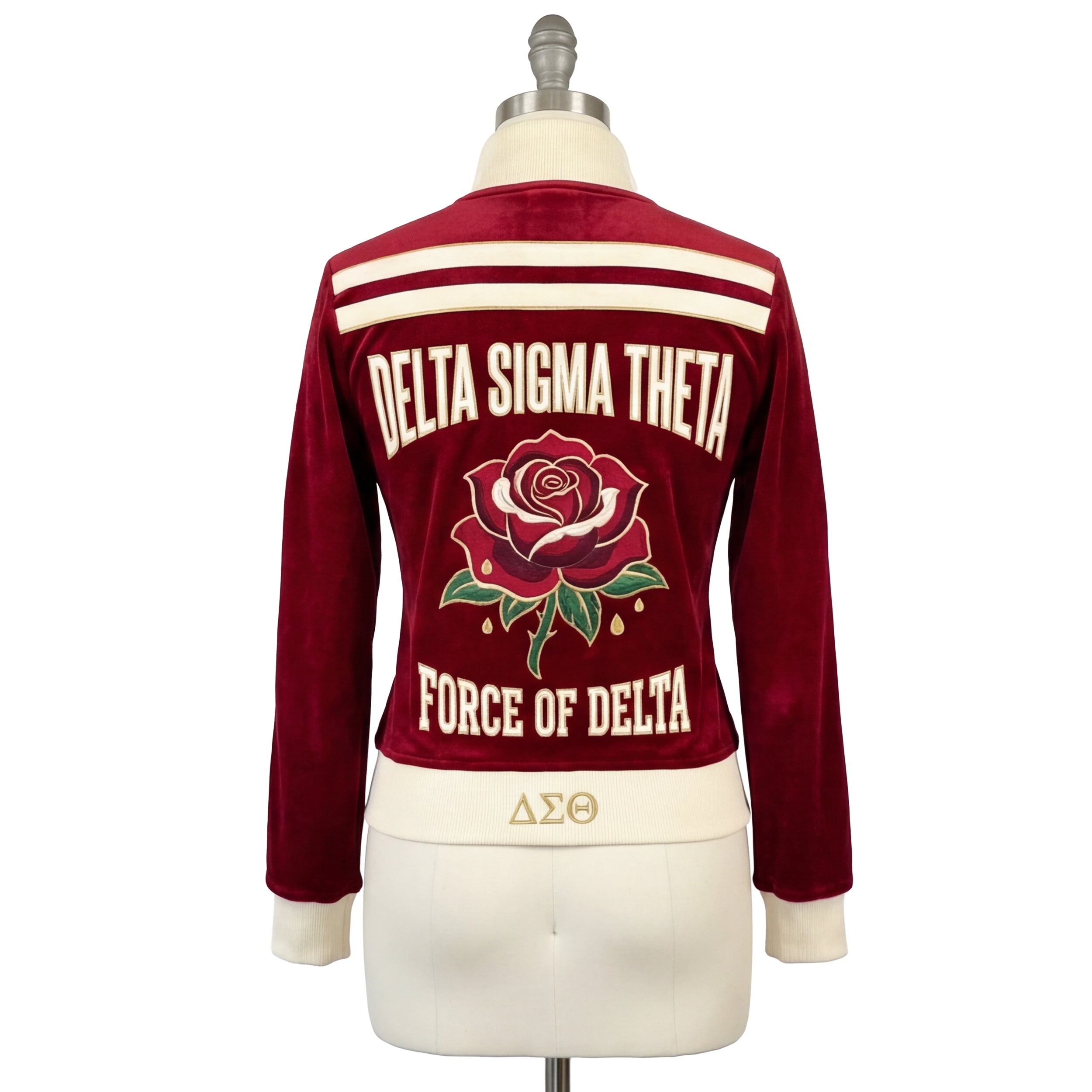 Red and white varsity jacket with Delta Sigma Theta logo on a mannequin