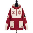 Red and cream jacket with 'Pretty in Crimson' text and a logo on a mannequin against a white background