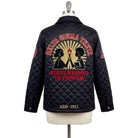 Black quilted jacket with Delta Sigma Theta logo and 'Sisterhood is Power' text on a mannequin.