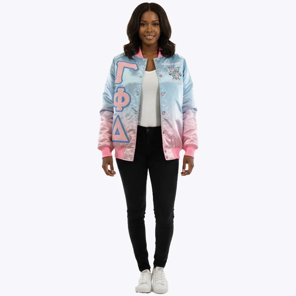 GAMMA PHI DELTA RAINBOW BOMBER JACKET FOR WOMEN.