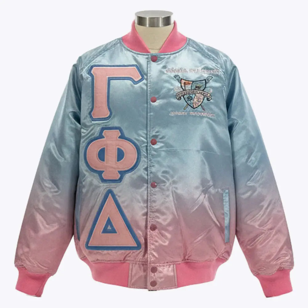 GAMMA PHI DELTA RAINBOW BOMBER JACKET FOR WOMEN.
