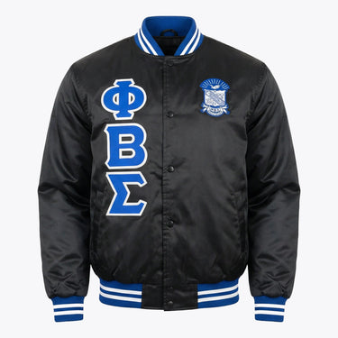 Phi Beta Sigma Black Bomber Jacket Stitched Greek Letters & Embroidered Crest