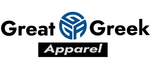 Great Greek Apparel logo with bold text and blue geometric symbol